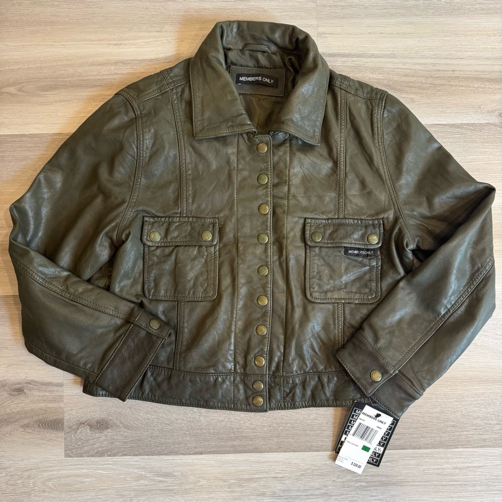 Members Only Army Green Leather Bomber Jacket Women’s Large